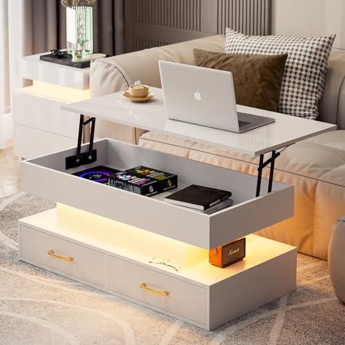 IKIFLY Modern LED Lift Top Coffee Table, High Glossy Coffee Table with Hidden Compartment and 2 Drawers, Lift top Coffee Table for Living Room White