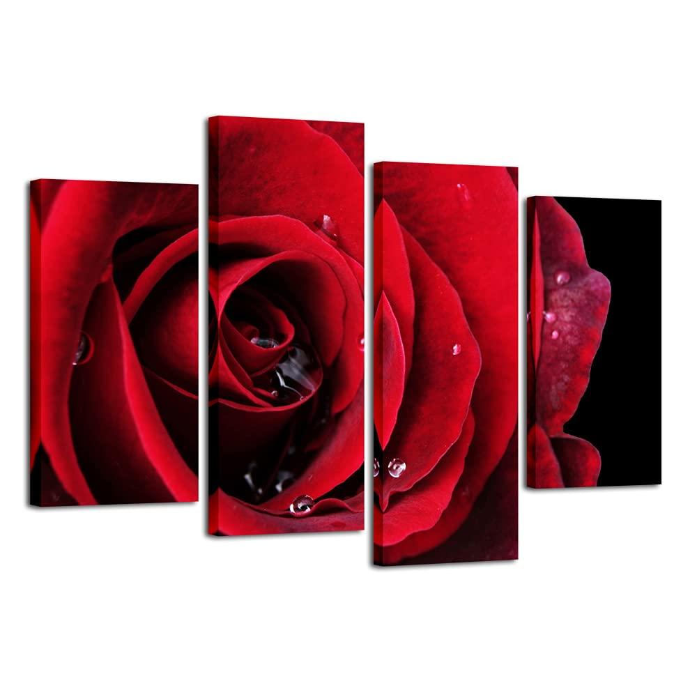 Wieco Art Red Rose on Black Large Modern Stretched and Framed Flowers Giclee Canvas Prints 4 Panels Floral Pictures Paintings on Canvas Wall Art Work for Living Room Bedroom Home Decorations