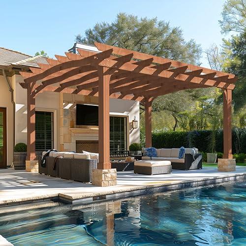 12x14 FT Wooden Pergola, Cedar Wood Gazebo with Arched Roof, Outdoor Garden Shelter with Stakes Included, Patio, Deck, Backyard, Lawn