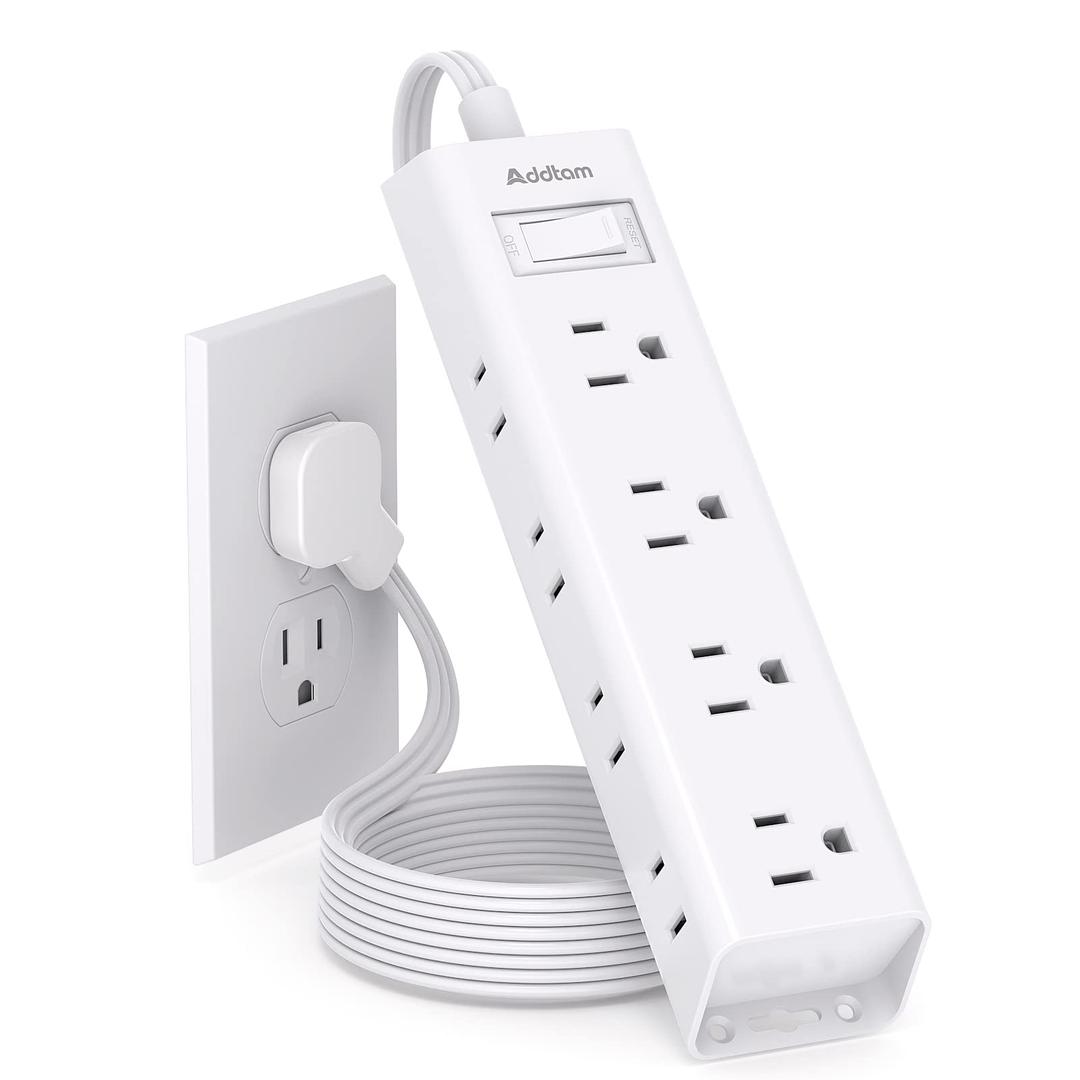 Flat Plug Power Strip, Ultra Thin Extension Cord - Addtam 12 Widely AC 3 Sides Multiple Outlets, 5Ft, 900J Surge Protector, Wall Mount, Desk Charging Station for Home Office Dorm Room Essentials