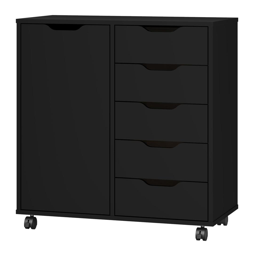 Panana 5-Drawer Chest with 1 Door, Wooden Chest of Drawers Storage Dresser Cabinet with Wheels, Office Organization and Storage, Bedroom Furniture (Black-S)