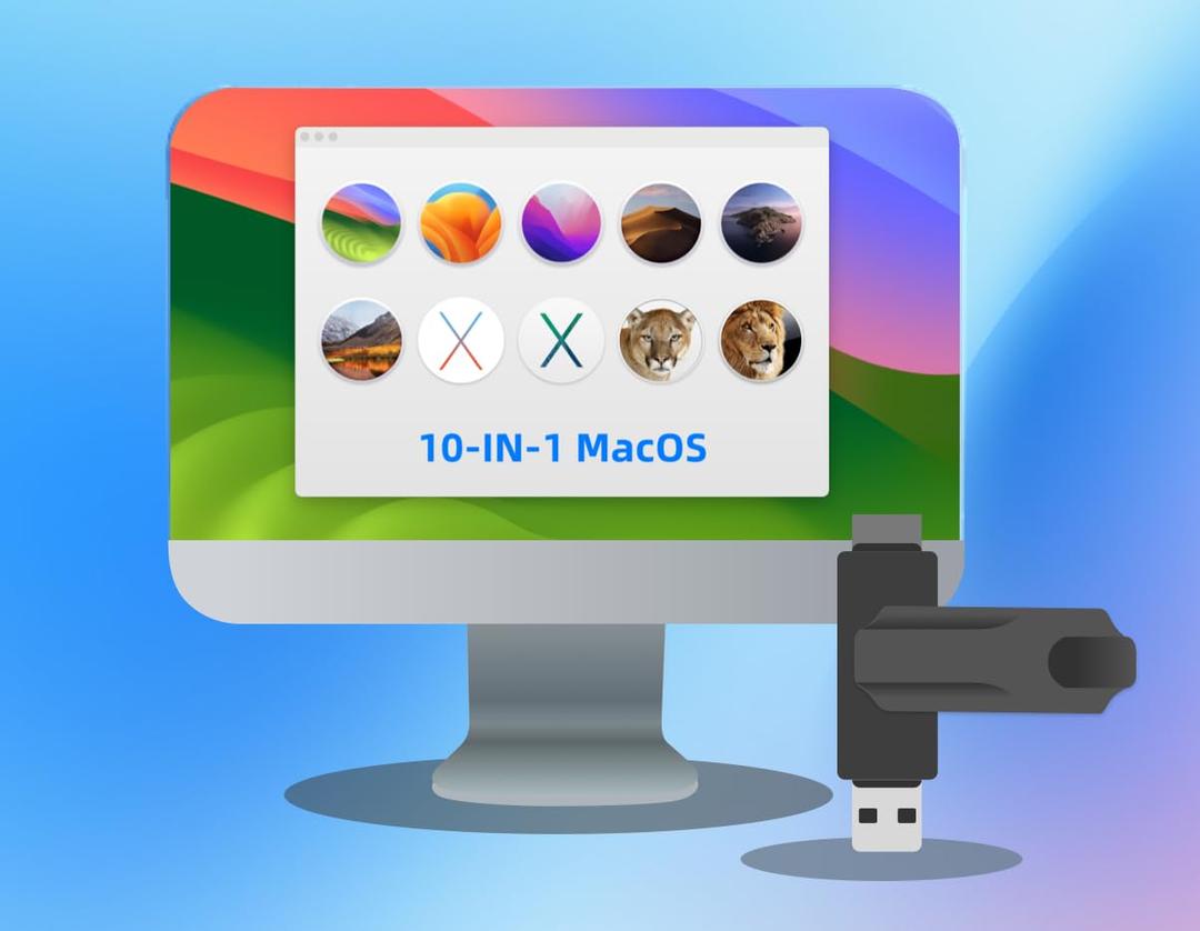 10-in-1 Mac OS X Bootable USB for High Sierra, El Capitan, Catalina, Monterey, Lion, Mountain Lion, Mavericks, Mojave, Ventura, and Sonoma—128GB Fast USB 3.1 Dual Ports, Silver