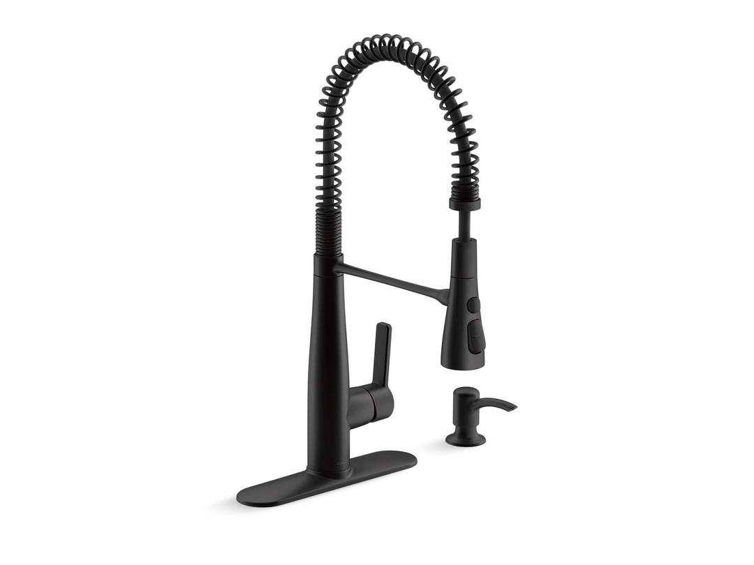 KOHLERK-REC22745-SD-BL Semi-Professional Kitchen Faucet with Soap Dispenser/Lotion Dispenser, Commercial Kitchen Sink Faucet with Pull-Down Sprayhead, Matte Black