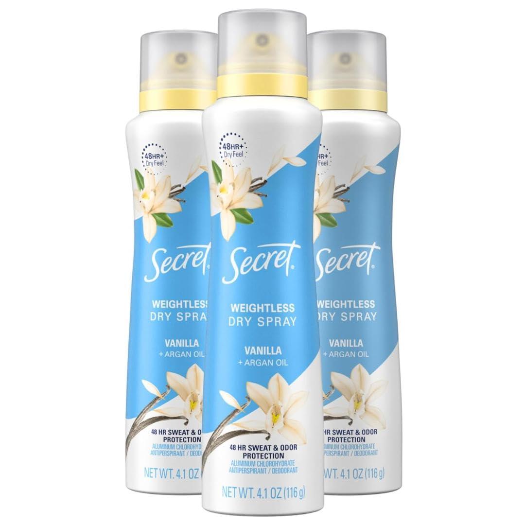 Secret Dry Spray Antiperspirant Deodorant for Women, 48hr Weightless Sweat & Odor Protection, Gentle on Skin, Vanilla & Argan Oil Scent, 4.1 oz (Pack of 3)