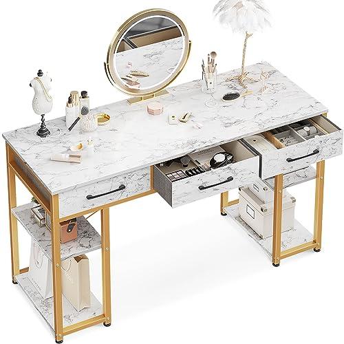 ODK Vanity Desk with 3 Fabric Drawers & Storage Shelves, Makeup Dressing Table, Home Office Desks for Bedroom, Small Modern Writing Desk for Girls Bedroom, White and Gold, 48"x16" (No Mirror)