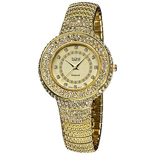 Burgi Diamond Accent Crystal Fashion Watch - Twelve Genuine Diamond Hour Markers On Three Rows Crystals on Bezel - BUR048