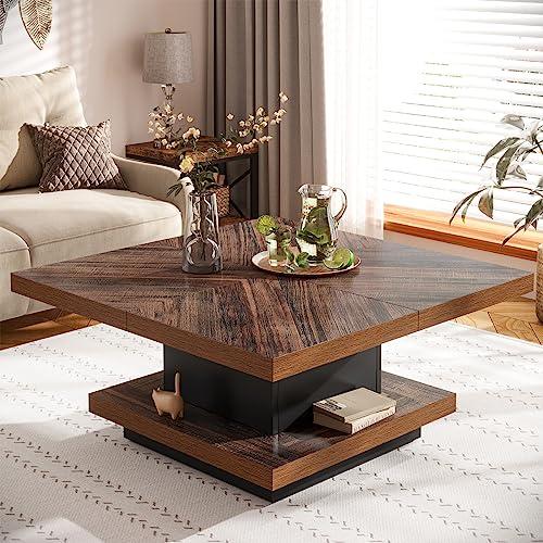 Tribesigns Square Coffee Table 2-Tier Vintage Coffee Table Wood Coffee Table for Living Room Low Table with Storage Rustic Brown & Black