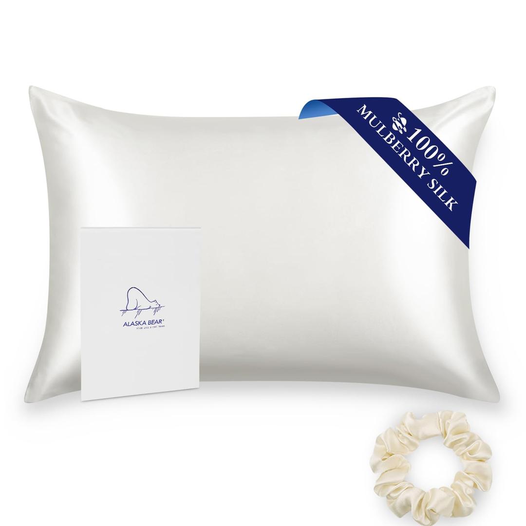 ALASKA BEAR Silk Pillowcase for Hair and Skin, 100% Mulberry Silk Pillow Cases Queen Size for Beauty and Cool Sleep, Scrunchy Gift Set, Natural White(1pc, Ivory)