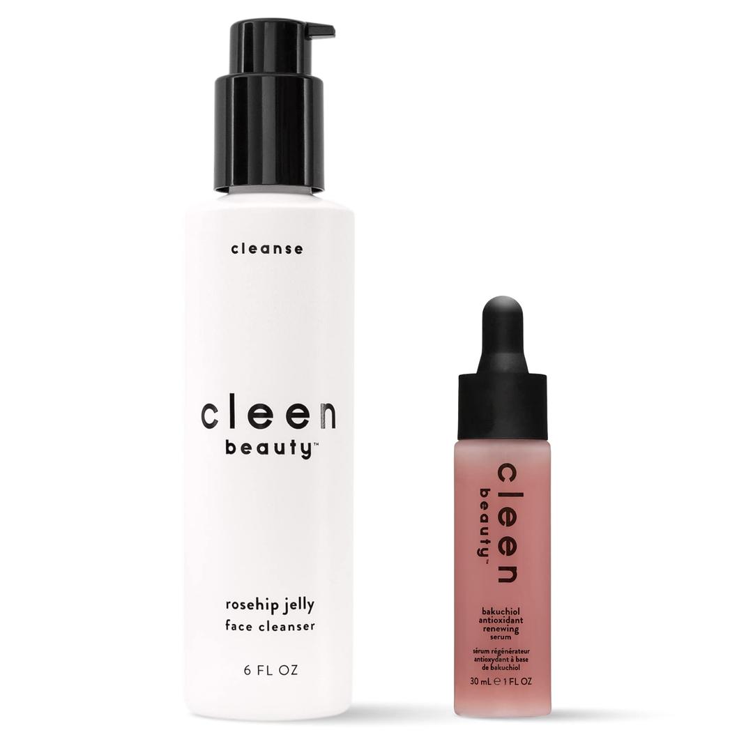 CLEEN BEAUTYCleanse and Skin Care Set | Daily Regimen | Rosehip Jelly Face Cleanser + Bakuchiol Antioxidant Renewing Serum | Anti-Aging Serum | Hydrate Gentle Face Wash