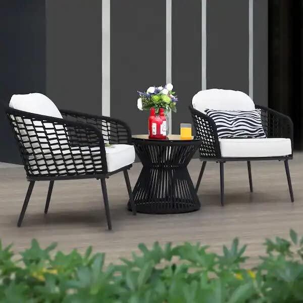 DRX Rattan Handwoven 2 Seater Chair with Glass Top Coffee Table for Living Room Conversation Bistro Set with Cushion for Outdoor (Black)