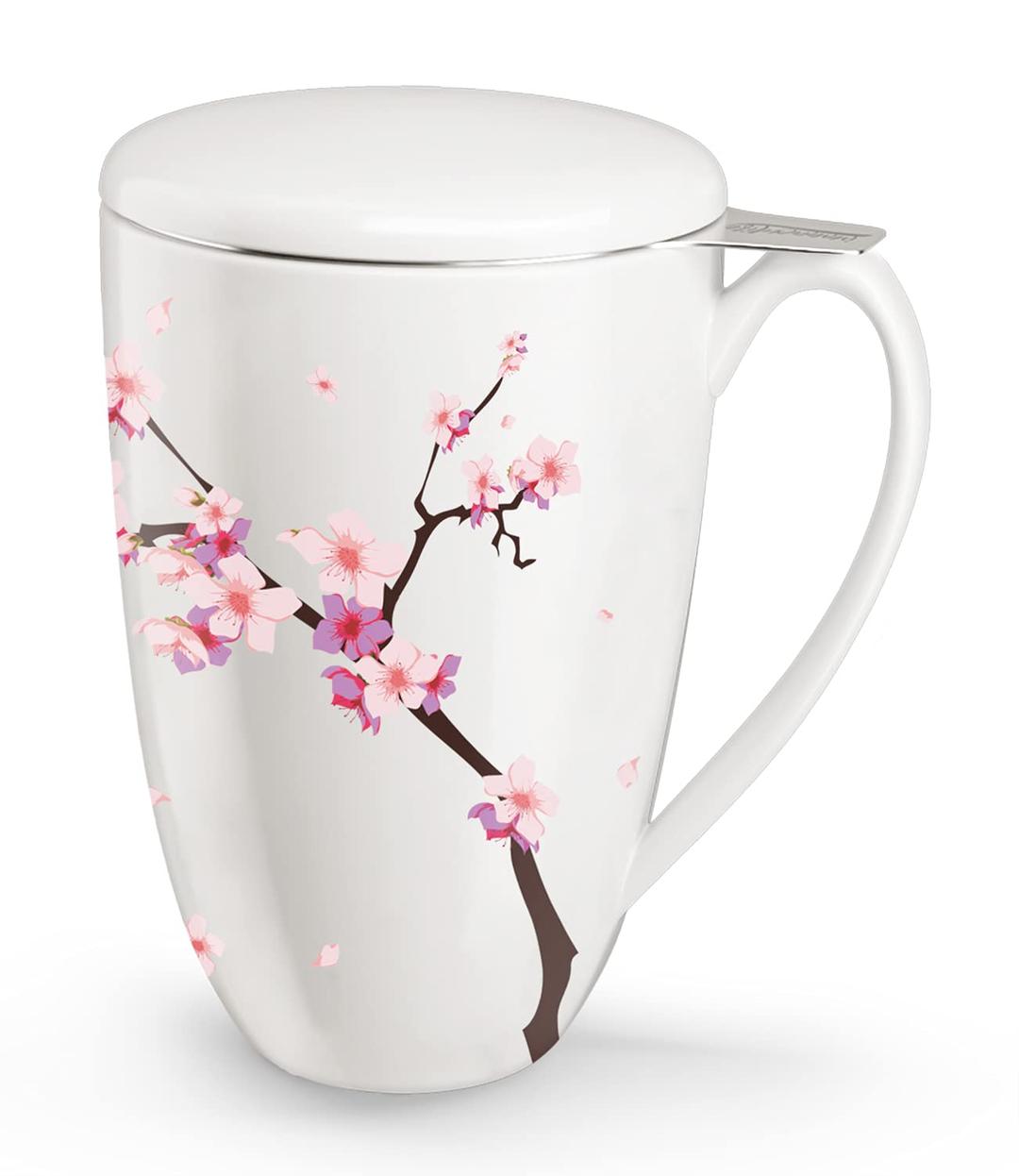 Tea Cup with Infuser and Lid for Steeping Loose Leaf Tea Bag Coffee Milk Women Office Home Gift 16oz Peach Blossoms