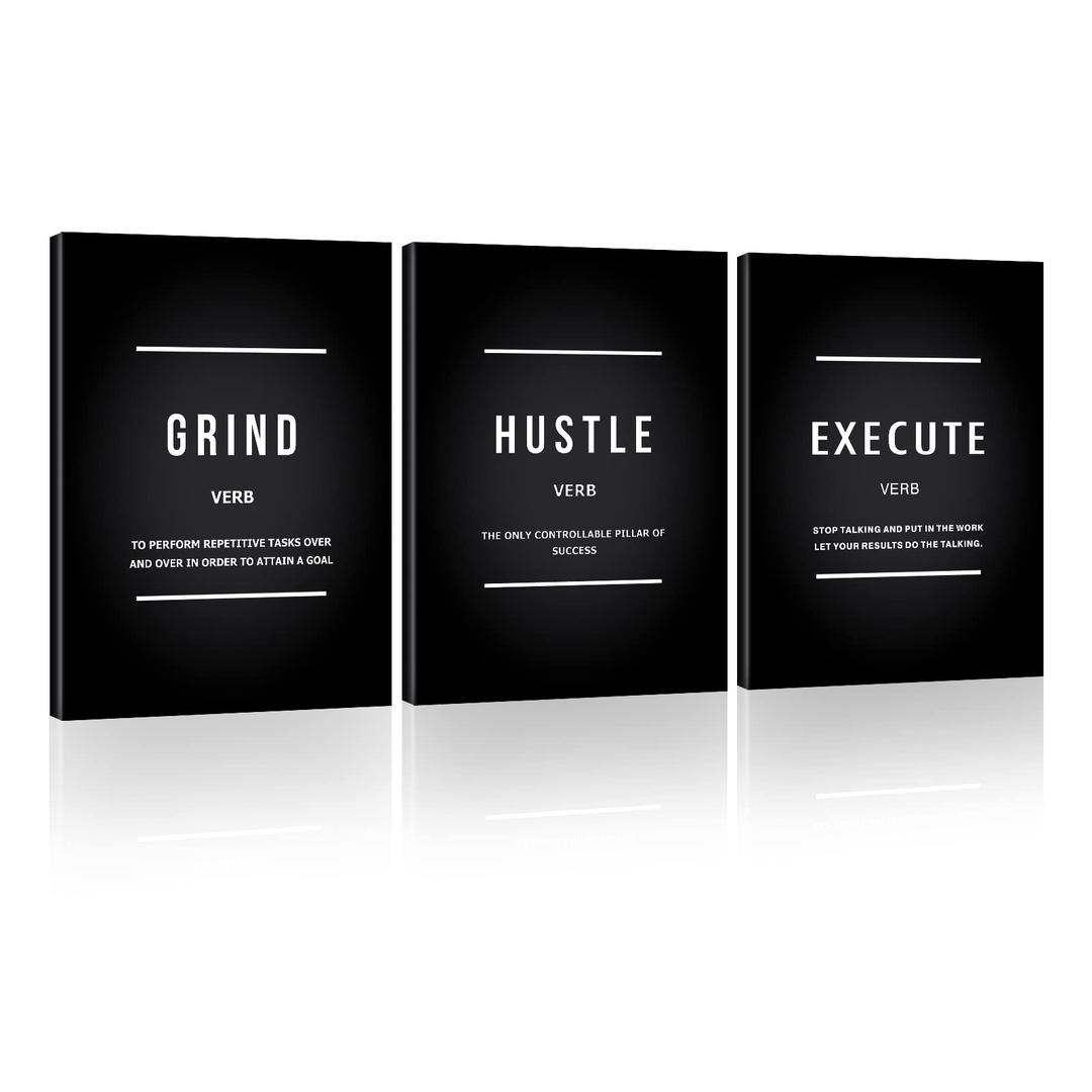 Grind Hustle Execute Quotes Canvas Wall Art, Motivational Reminder Decor Positive Affirmation Poster Inspiration Success Wall Hanging Picture Encouraging Gift for Home Office Workplace -12X16''X3Piece