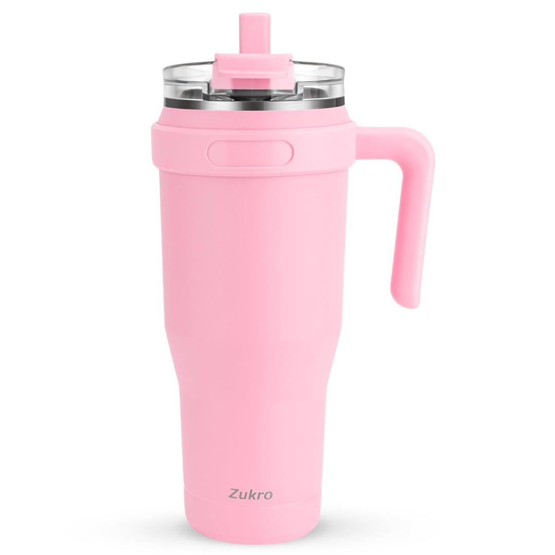 50 oz Mug Tumbler With Handle And Flip Straw, Leakproof Vacuum Insulated Stainless Steel Cup Water Bottle with 2-in-1 Lid,Large Travel Mug, Fit in Cup Holder, Keeps Cold for 30 Hours, Pink