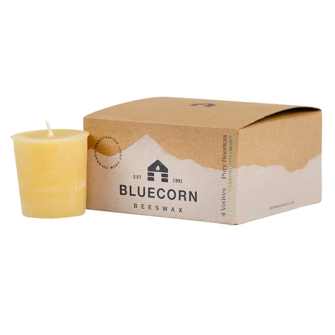 Bluecorn 100% Pure Beeswax Votive Candles | Natural Beeswax Candles, Yellow Beeswax Votives, Small Candles 4-Pack | Long Burn (12+ Hours) | Soy, Paraffin, & Fragrance Free | Handmade in Colorado