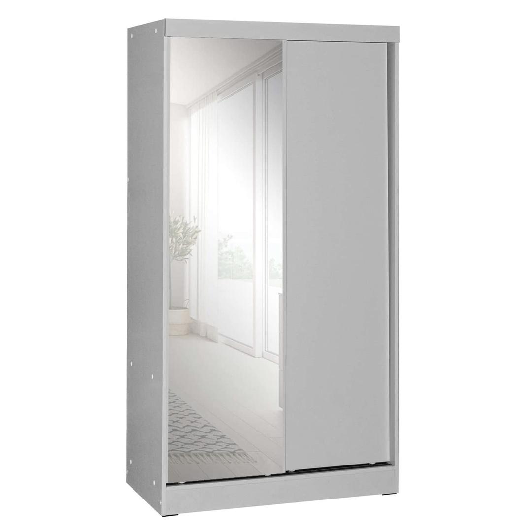 Better Home Products Mirror Wood Double Sliding Door Wardrobe Light Gray