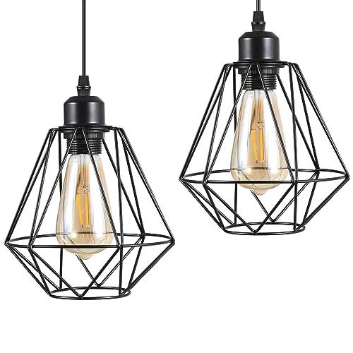 2 Pack Farmhouse Pendant Lights Modern Black Industrial Pendant Light Cage Hanging Ceiling Light,Fixture for Kitchen Island Dining Room Over Sink Hallway Bedroom Fixtures Hanging Lamp