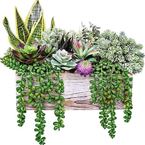 14 Pcs Assorted Artificial Succulents Fake Plants in Rectangular Wooden Pots Artificial Potted Succulents Plants Arrangement for Table Centerpiece Windowsill Shelf Mantel Tropical Greenery Decor