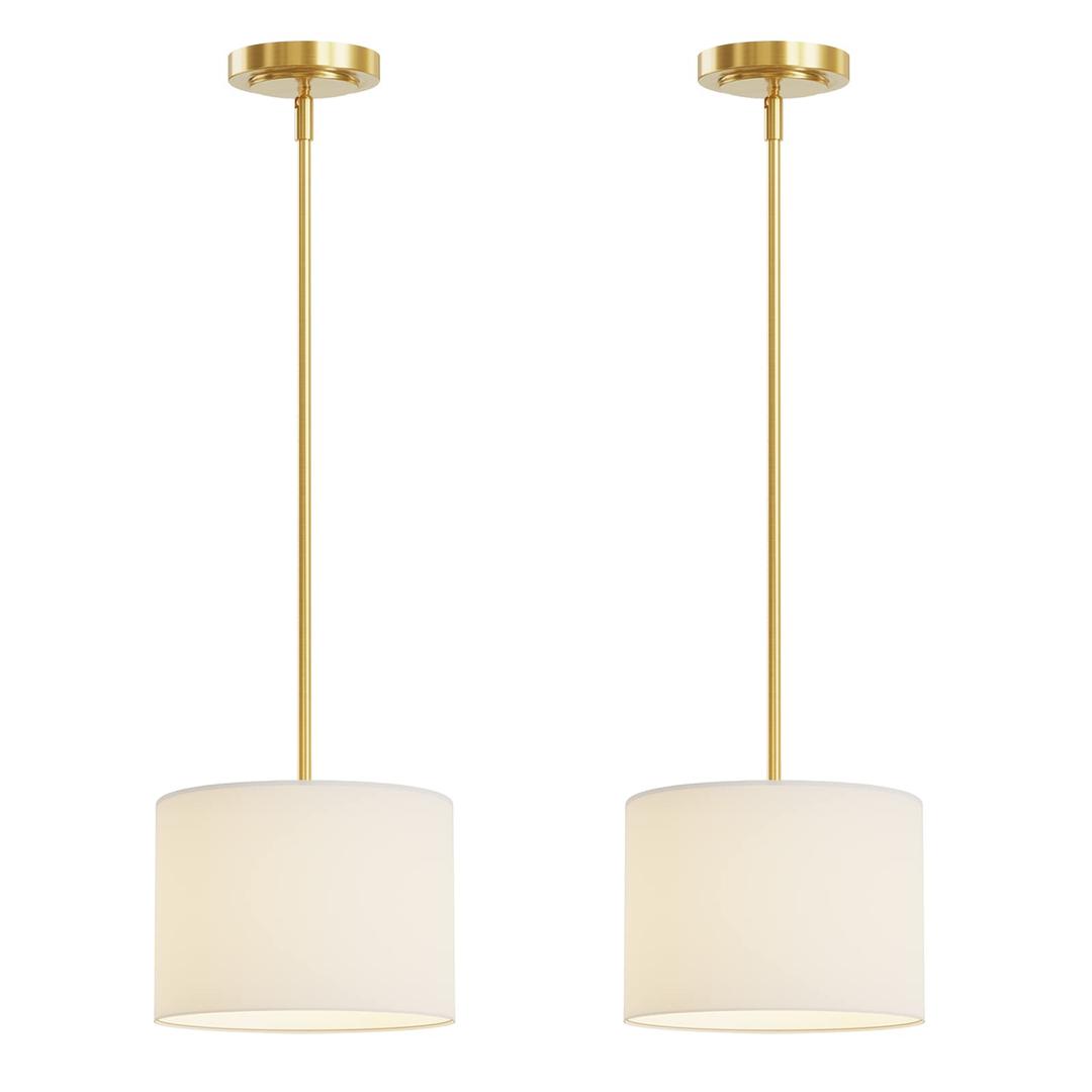 Electro bp;9" Dia White Linen Drum Shade Hanging Pendant Light Fixture with Polished Gold Pole Kit,E26,Hardwired,2-Pack;