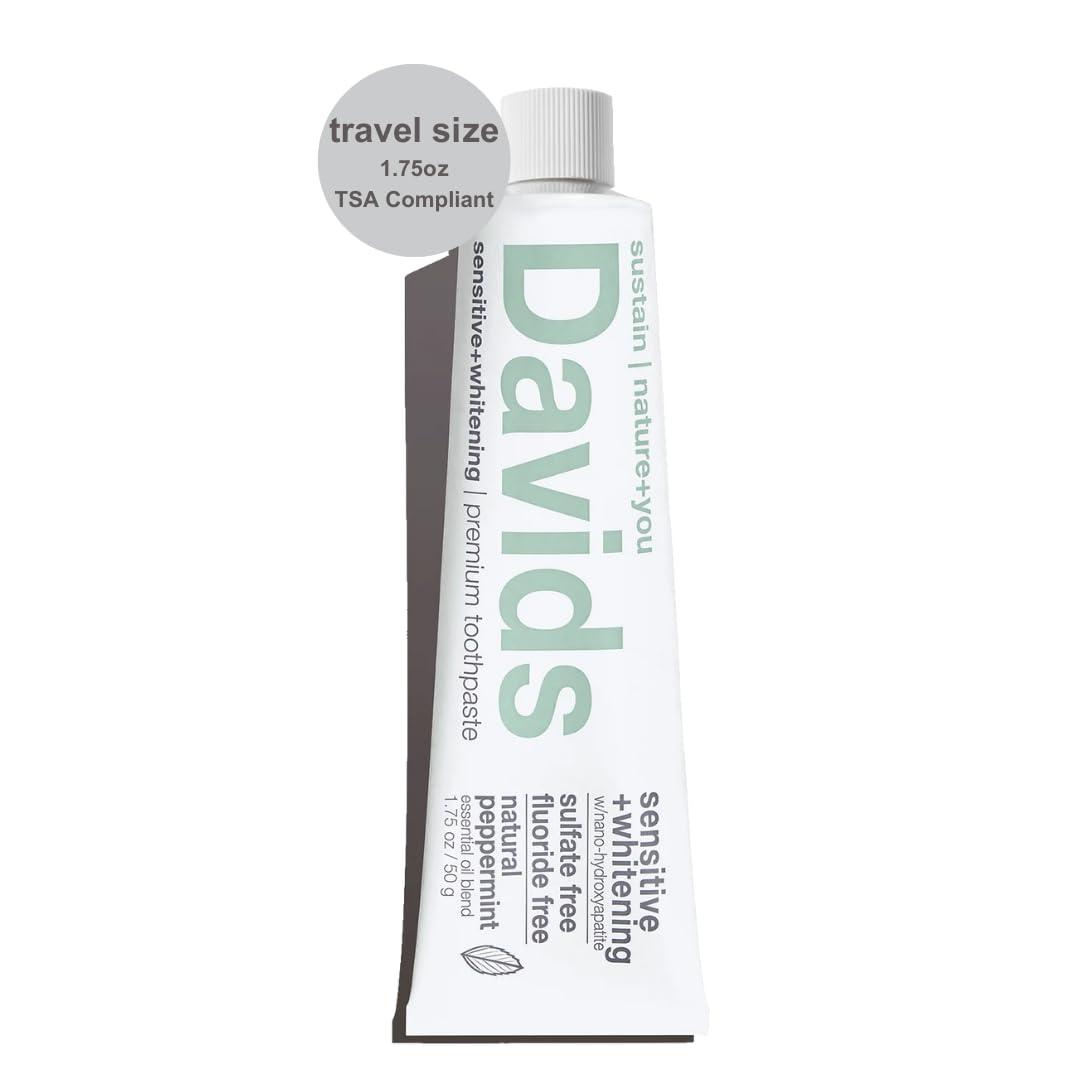 Davids Travel Size Fluoride Free Nano Hydroxyapatite Toothpaste for Remineralizing Enamel & Sensitive Relief, Whitening, Antiplaque, SLS Free, Natural Peppermint, TSA Approved, 1.75oz (Travel Size)