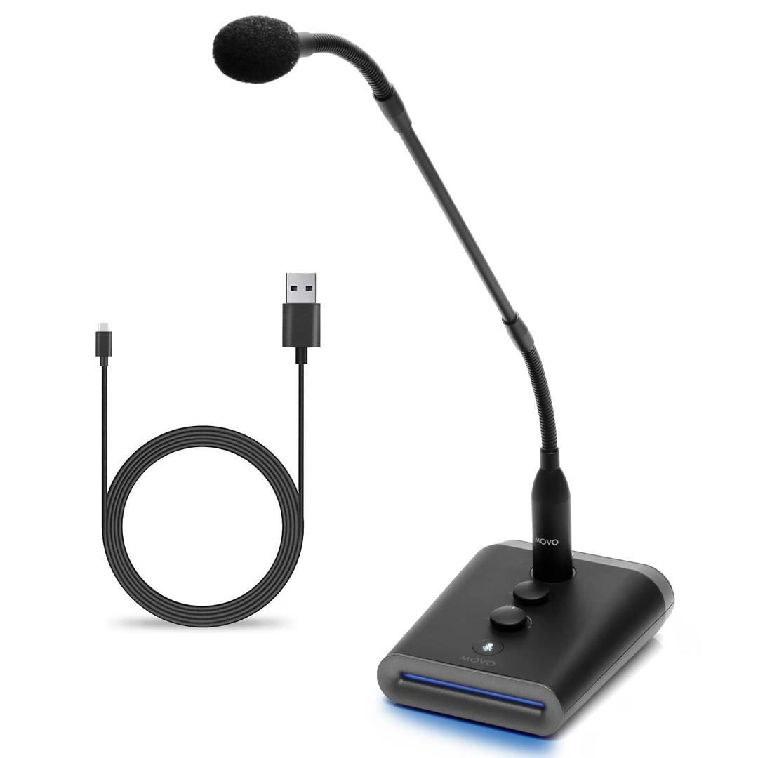 MovoGM-7 Professional 18-inch Gooseneck Microphone and USB Interface Base with RGB Lights, Gain, Mute - USB Podium Microphone with Stand for Streaming, Meetings, Lectures - USB Mic for Mac and PC