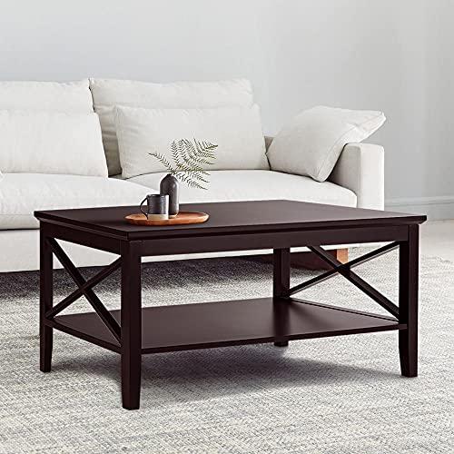 ChooChooOxford Coffee Table with Thicker Legs, Espresso Wood Coffee Table with Storage for Living Room 40 inches