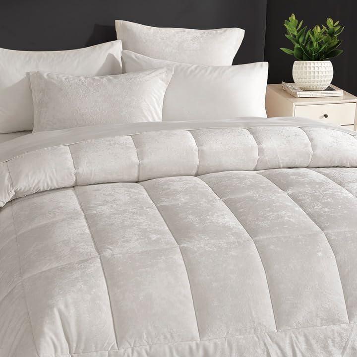 HYPREST White Velvet Comforter, Premium 250GSM Greek Velvet Luxury Queen Comforter Set, Ultra Soft Down Alternative Comforter Cozy Lightweight Bed Comforter