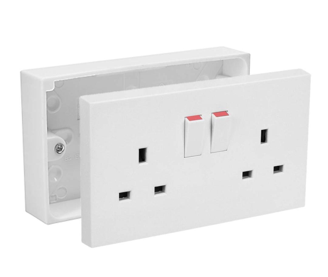 Axiom 13A Double White Switched Socket & Double Surface Mount 25mm Pattress Box 2 Gang Set Electrical Outlets (3)