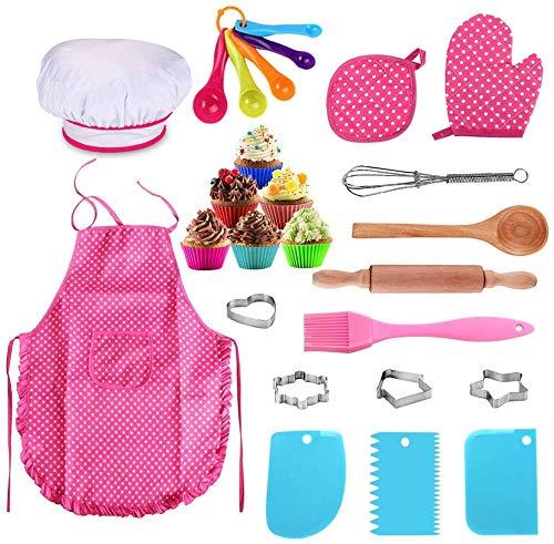 Anpole Kids Baking Set with Pink Apron, Chef Hat, 26 Pcs Children's Baking Kit Chef Dress Up Role Play Toys for 3 4 5 6 7 8 Year Old Girls and Boys for Christmas, Thanksgiving Gift