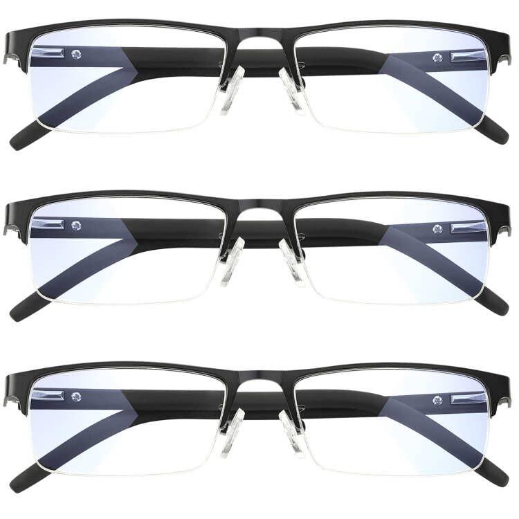 3-Pack Reading Glasses for Men, Lightweight Metal Half Frame Blue Light Blocking Computer Readers, Filter UV Ray/Computer Glare with Spring Hinge Eyeglasses(3PCS Black,+3.0)