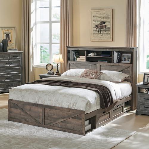 Farmhouse Full Size Wood Bed Frame with 52" Tall Storage Headboard and 4 Drawers,LED Light,Charging Station,Solid Wood Slats Support,Noiseless,No Box Spring Needed,Warm Brown