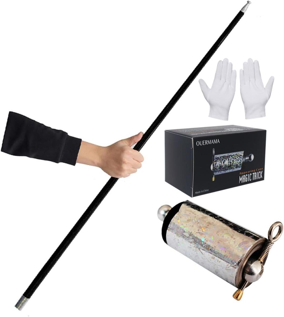 OUERMAMA Black Magic Cane Metal Appearing Cane with Video Tutorial and Free Gloves, Pocket Staff Magic Tricks