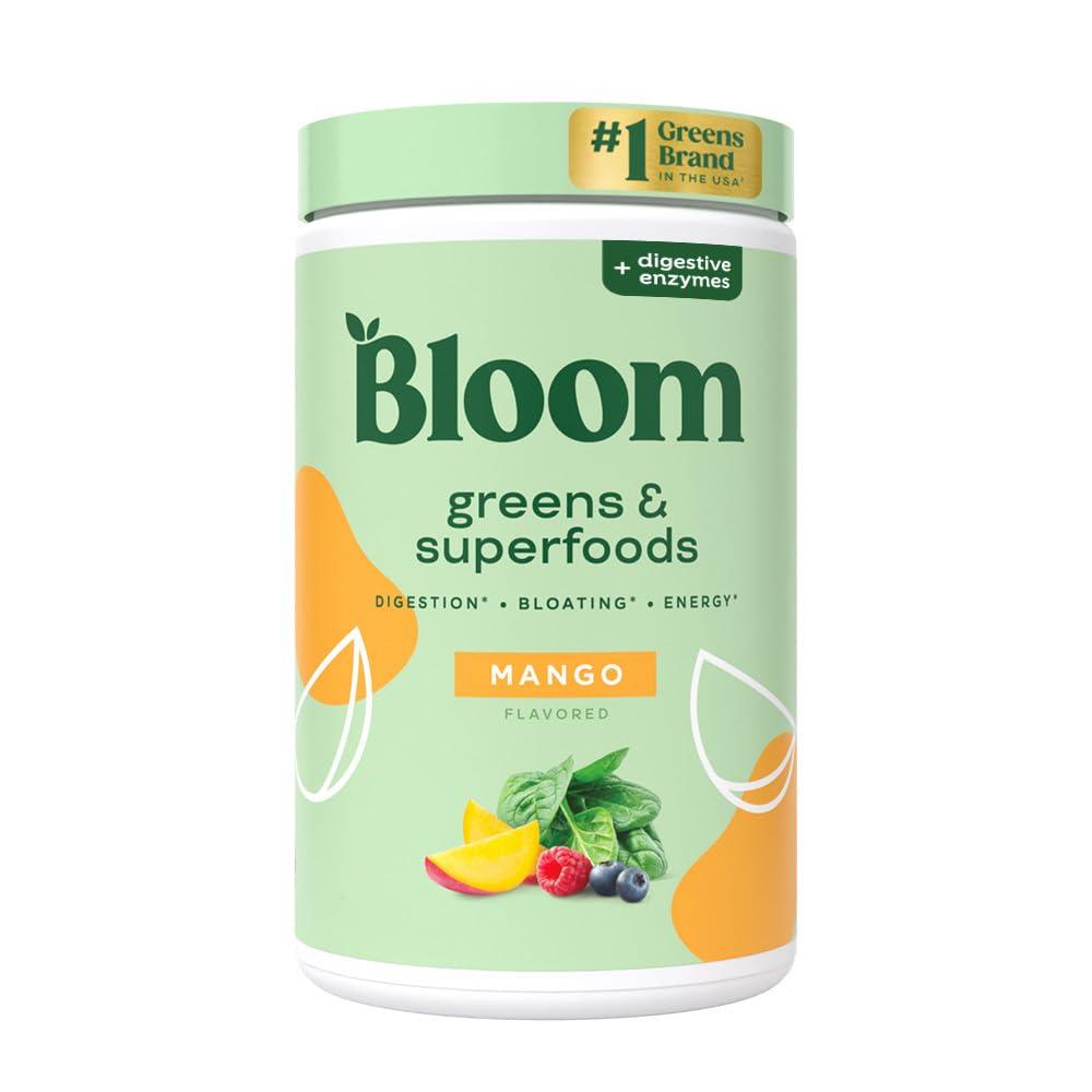 Bloom Nutrition Superfood Greens Powder, Digestive Enzymes with Probiotics and Prebiotics, Gut Health, Bloating Relief for Women, Chlorella, Green Juice Mix with Beet Root Powder, 25 SVG, Mango