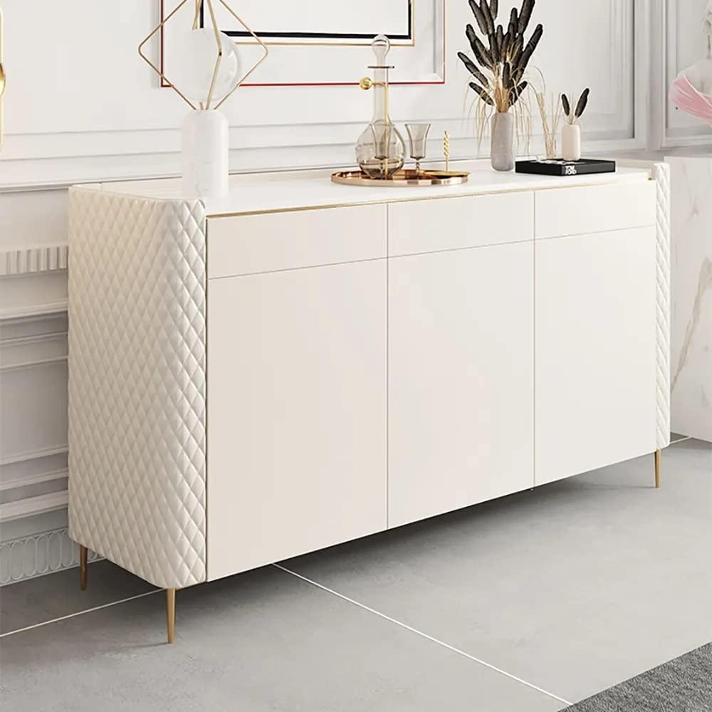 Vandana Interiors Off White 3 Drawers Kitchen Sideboard Cabinet Buffet with Stone Top