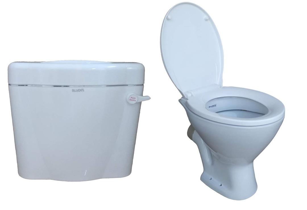 Belmonte Ceramic Floor Mounted Two-Piece Western Toilet/Commode/EWC P Trap with Slow Motion/Soft Close Seat Cover and Plastic Flush Tank Set (White)