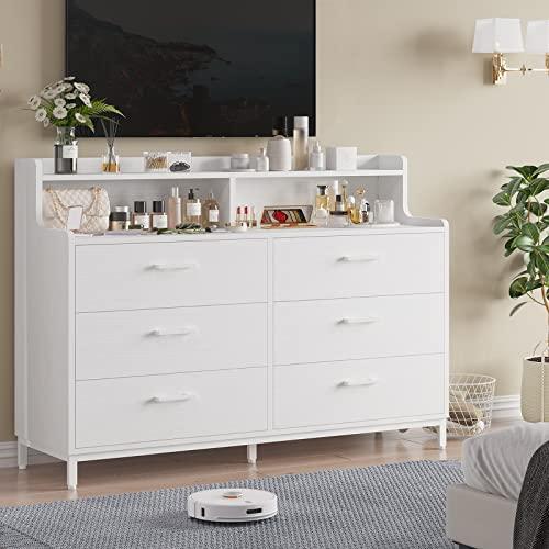 Hasuit White 6 Drawers Dresser for Bedroom with Storage Shelves, Large Wooden Storage Tower Dresser Organizer, Wide Chest of Drawers, Dresser for Bedroom, Living Room, Entryway