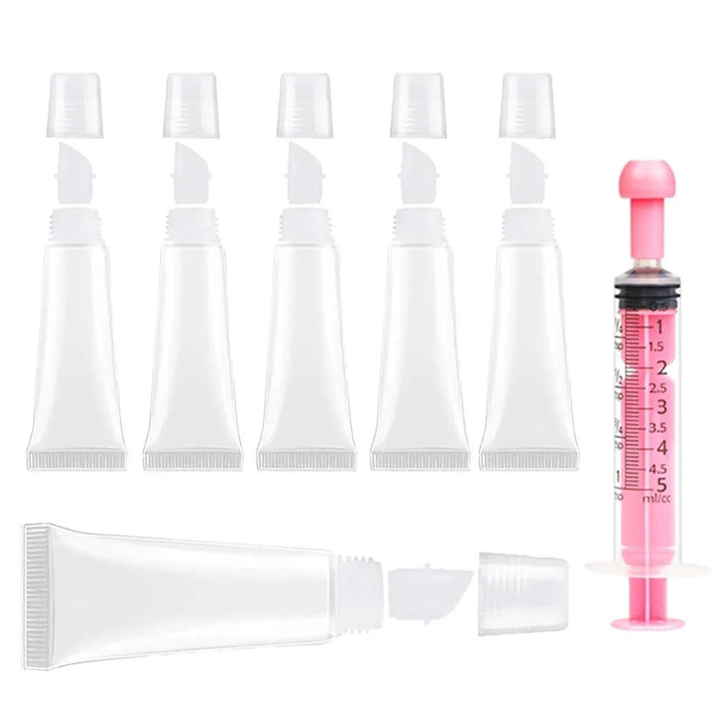 6PCS Empty Lip Gloss Tubes - 8ml Clear Lip Balm Tubes with 5ml Syringes - Refillable Squeeze Tubes for Lip Gloss - Mini Cosmetic Soft Tubes for DIY Lip Gloss and Travel Toiletries