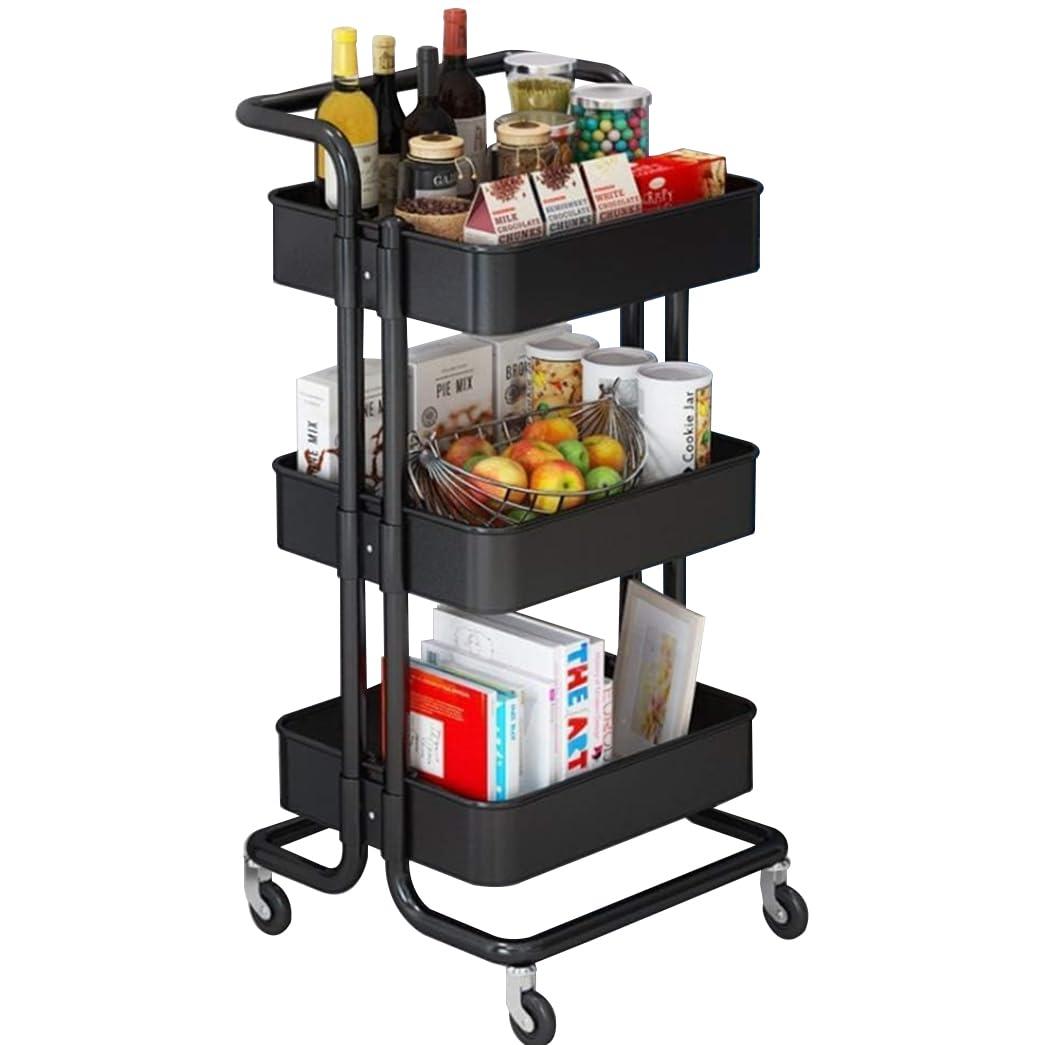 Storage Trolley Cart - 3 Tier Rolling Utility Organizer Rack, Craft Art Cart, Multi-Purpose Organizer Shelf, Tower Rack Serving Trolley for Office Bathroom Kitchen Kids’ Room Laundry Room, Black