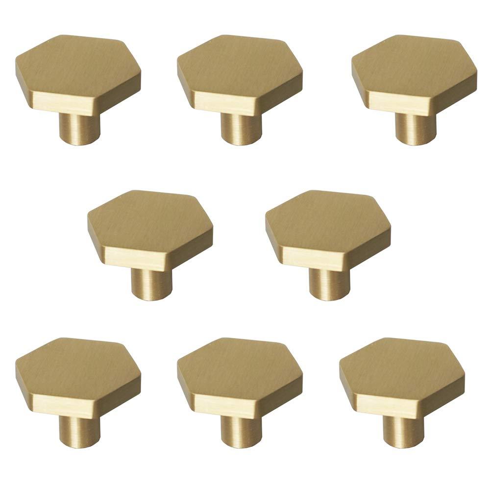 RZDEAL 1-1/10" Solid Brass Knobs Shoe Cabinets Knob and Pulls Brushed Gold Hexagon Handles for Dresser Drawer (8Pcs)