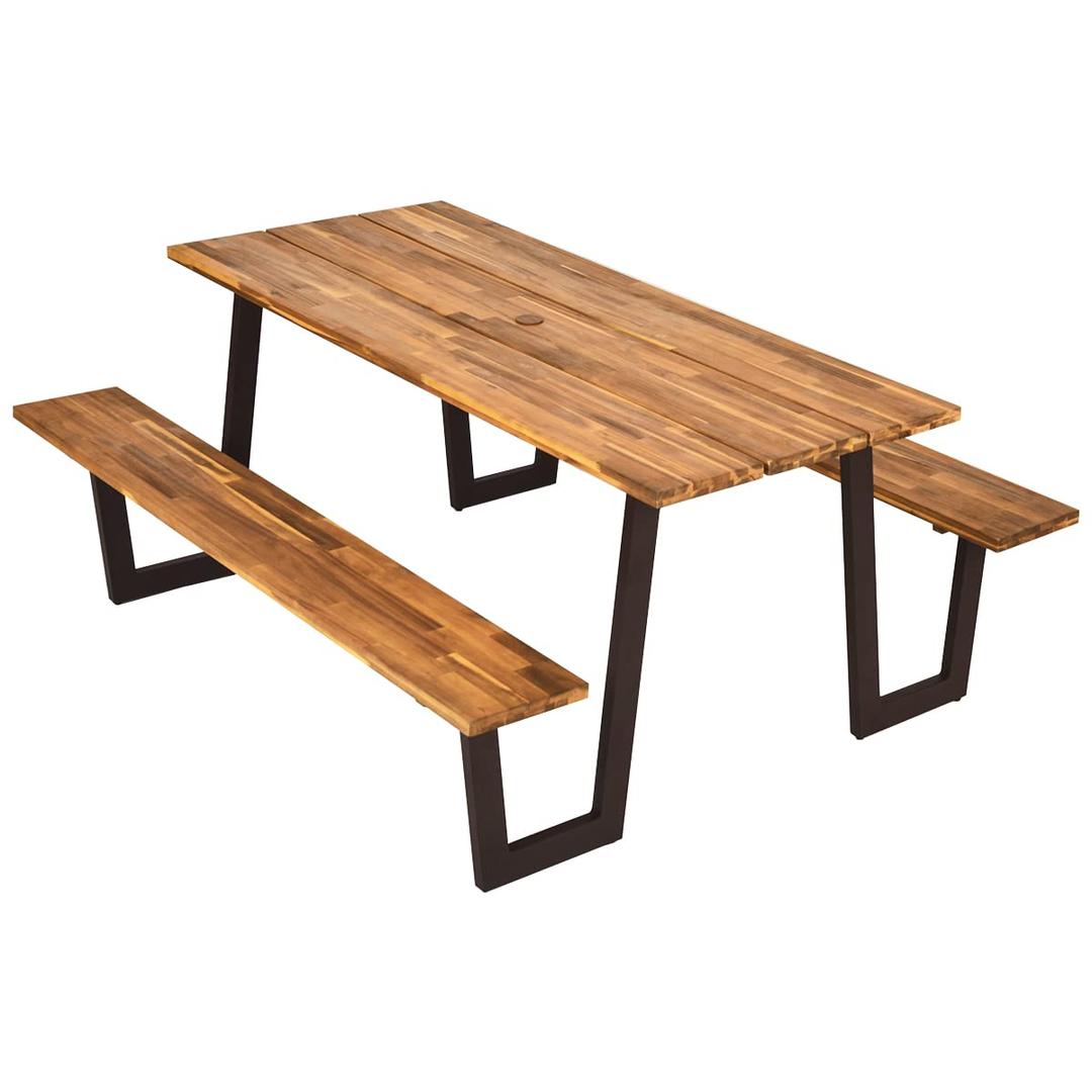 Giantex Picnic Table Bench Set for 6 or 8, 70.5" Acacia Wood Outdoor Dining Table Set, 2" Umbrella Hole, 1600 LBS Capacity, Heavy Duty Metal Frame, Large Beer Table for Patio Lawn Garden, Patented