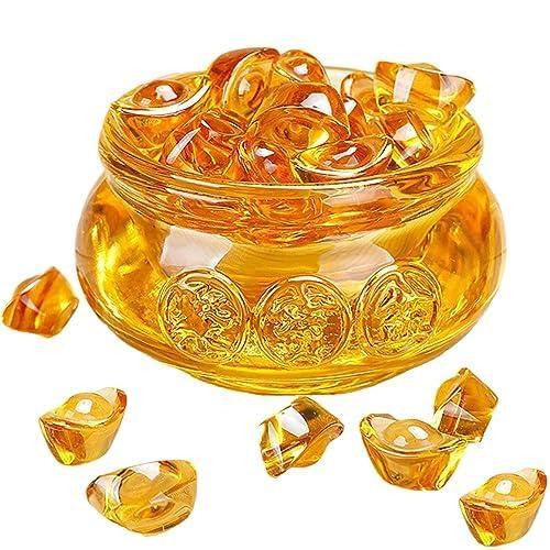 Feng Shui Golden Treasure Basin and about 30 PCS Ingot Yuan Bao, 3In Crystal Glass Treasure Basin Good Luck Wealth Prosperity Figurine for Feng Shui Decor, Home Office Decor Chinese Gifts (Gold)