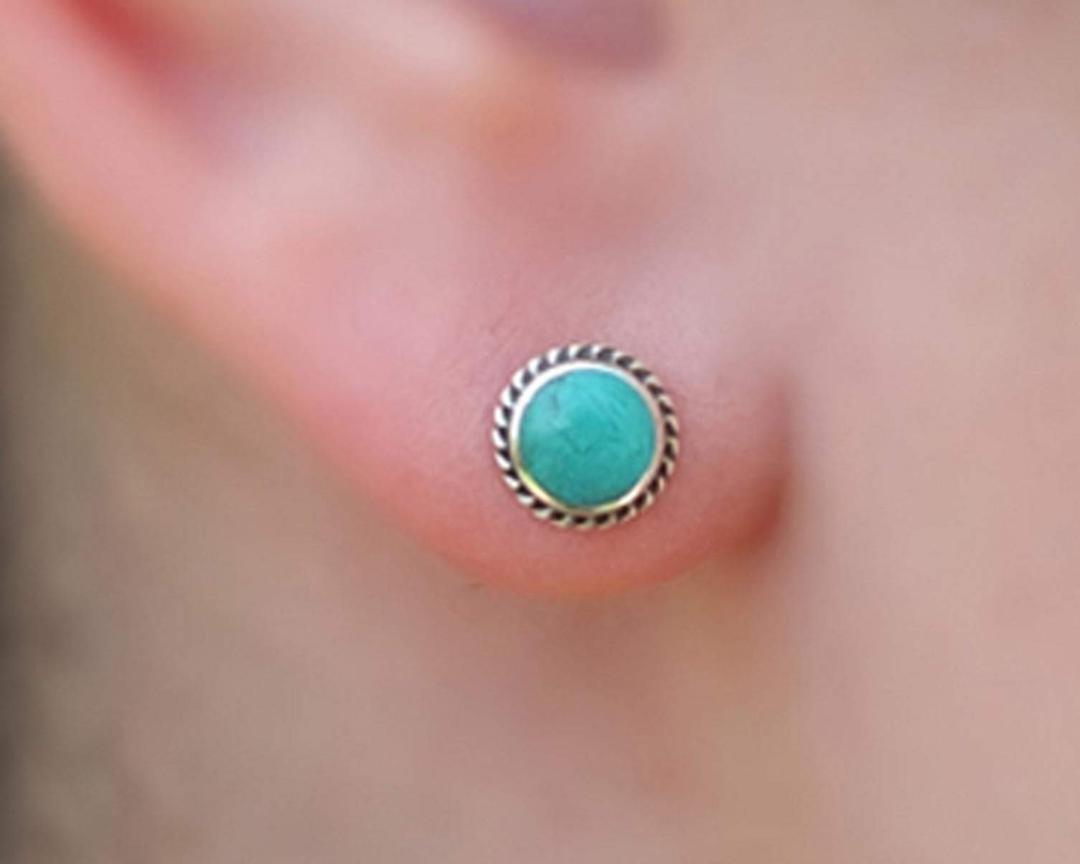 MiYa Jewelry925 Sterling Silver 7mm Round Frame & 6mm Round Reconstructed Turquoise Gemstone Stud Earrings - Classic Cicle Studs for women | Handmade by MiYa Jewelry Creations