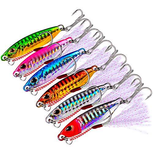 6pcs Lead Jigging Fishing Lures,30g 65mm, Offshore Micro Butterfly Jigs for Tuna King Snapper Dogtooth Grouper Bass, Slow Speed Metal Fishing Jig Lures with 4# BKB Treble Hook and Assist Hooks