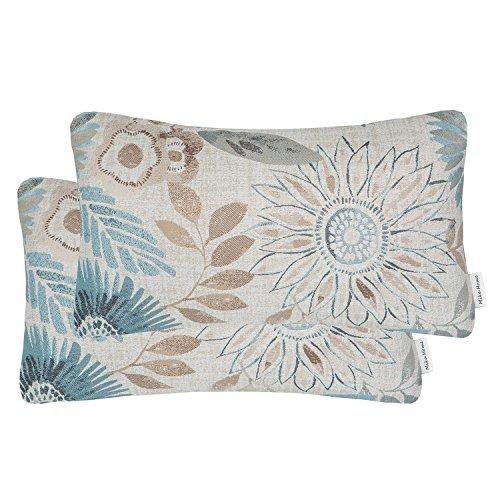 Pack of 2 Decorative Oblong Rectangular Throw Pillow Cover Cushion Cases for Chair,Sunflower Pattern,12x20 Inches, Blue Cream