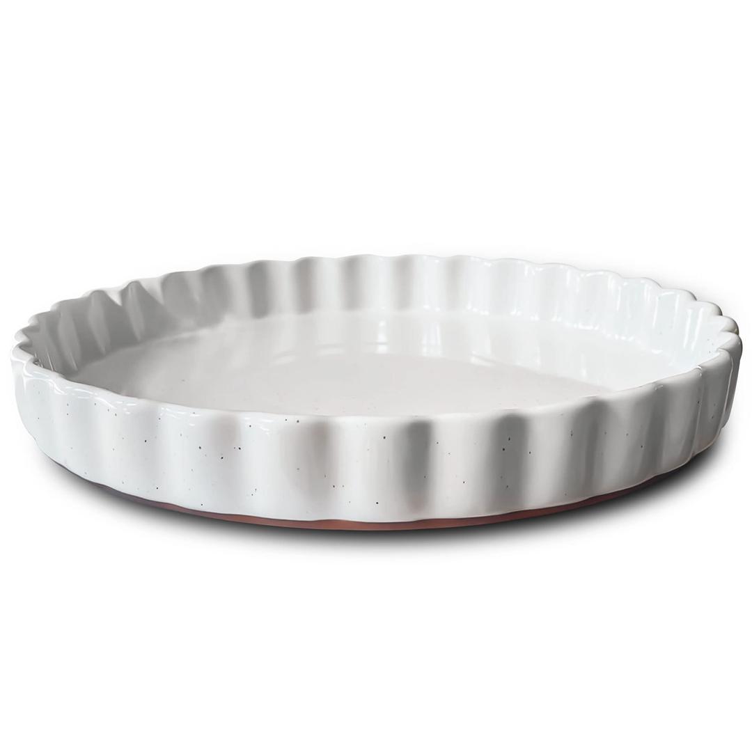 Mora Ceramic Tart Pan, 9.5 Inch Large Porcelain Baking Dish for Tarts, Quiche, Pie, Flan etc. Fluted Ruffled Edge, Oven, Microwave, Freezer, and Dishwasher safe - Great Gift For Bakers - Vanilla White