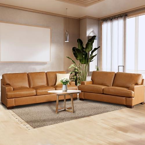 Naomi Home Siggy Genuine Leather Sofa for Living Room, Bedroom - Loveseat, Sofa - Luxurious Comfort, Goose Feather Cushion Filling, Square Arm Design, Sturdy Block Legs, Elegant, Tan