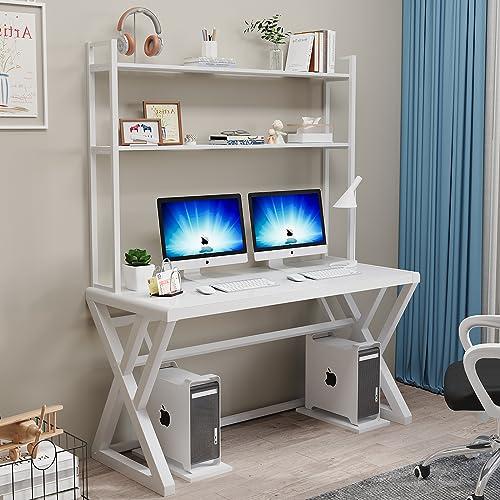 SAMERY Computer Desk with Hutch and Bookshelf, 55.1 Inch Modern Simple Home Office Desk Tempered Glass Desk Computer Table Study Gaming Writing Desk with Storage Shelves…