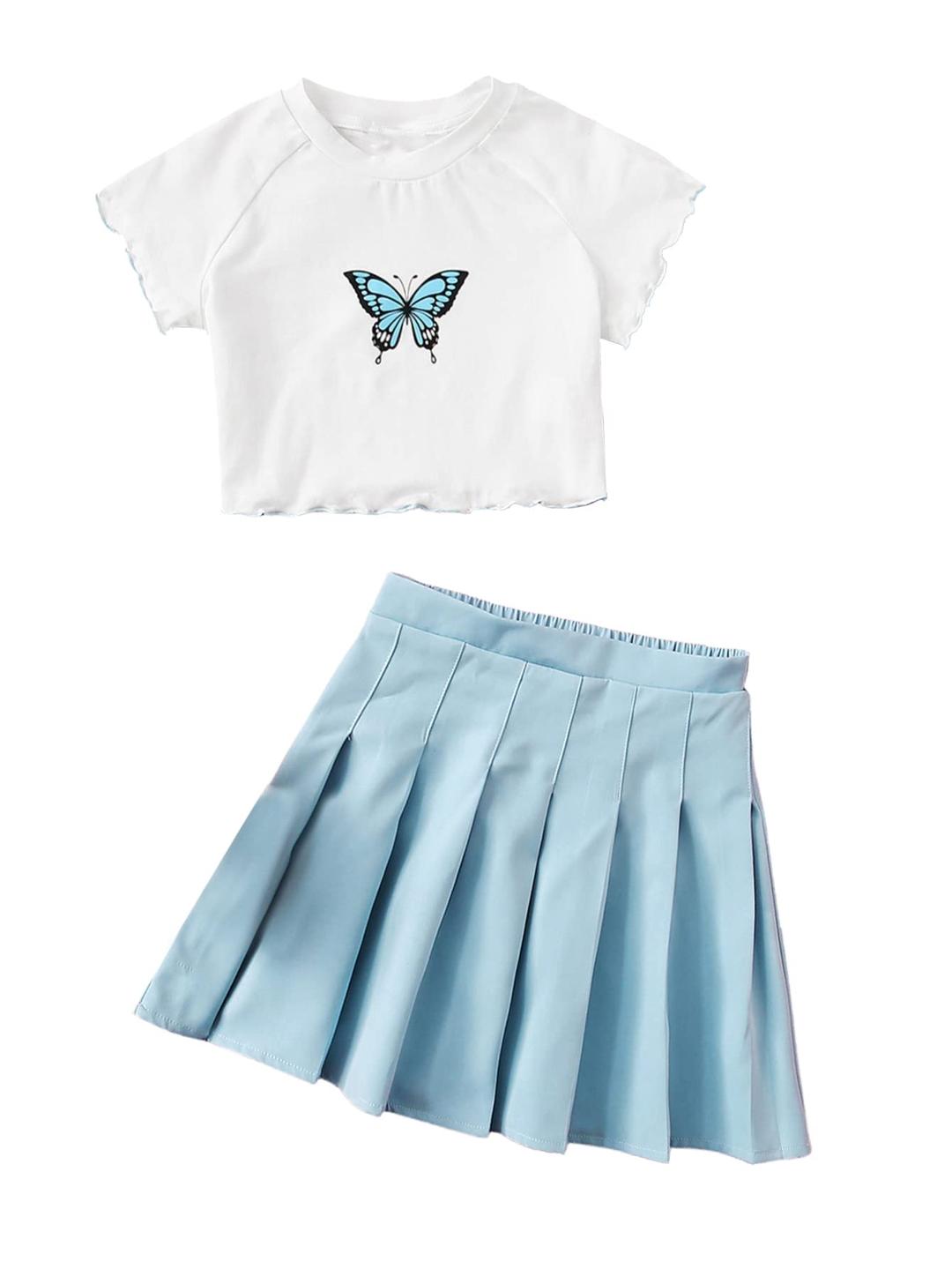 SOLY HUXGirl's Butterfly Print Short Sleeve Tee Top and Pleated Skirt Set 2 Piece Outfits