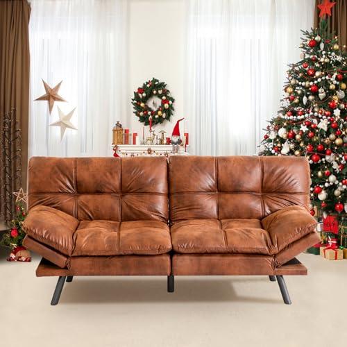 Hcore Convertible Futon Sofa Bed,Memory Foam Loveseat,Small Euro Lounger Sofa for Compact Living Spaces,Apartment,Dorm,Studio,Guest Room,Bedroom RV Living Room, Brown Leather