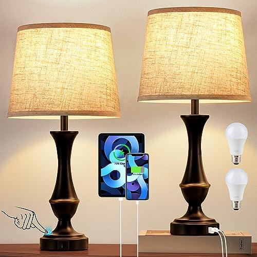 Upgraded Touch Lamps for Bedrooms Set of 2 - Nightstand Table Lamp with USB C+A, 3 Way Dimmable Bedside Lamps for Living Room End Tables, Farmhouse BedroomLamp1 Night Stand Lamps for Office