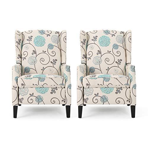 Christopher Knight Home Ellyn Fabric Recliner (Set of 2), Light Beige with Blue Floral, Dark Brown